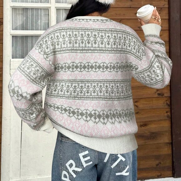 Multicolor Casual Women's Loose Fit Crew Neck Long Sleeve Sweater - Picture 2 of 7